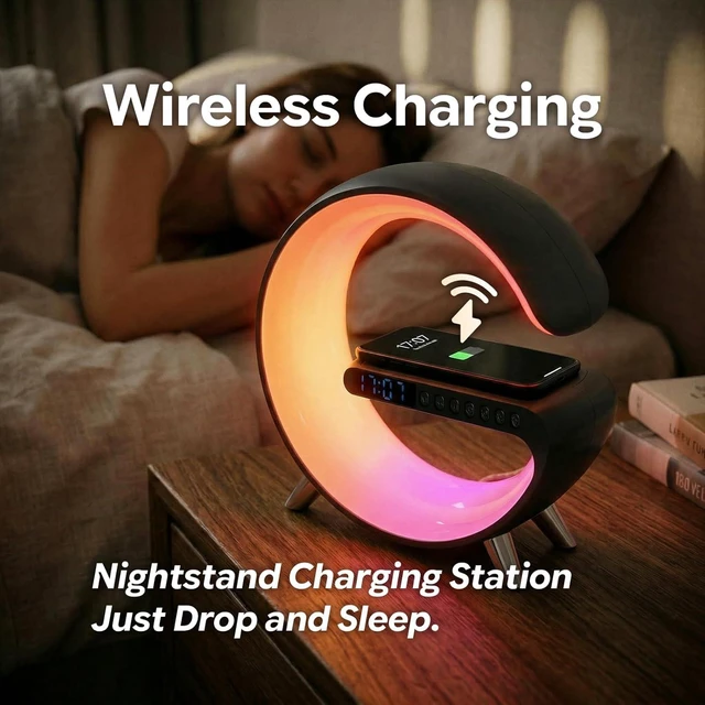 Alt view image 7 of 7 - Smart LED Table Lamp,4-in-1 Wireless Charger with Speaker,Night Light, Alarm Clock, and Bluetooth Speaker with App Control for Bedroom and Home Decor (Black, Large)
