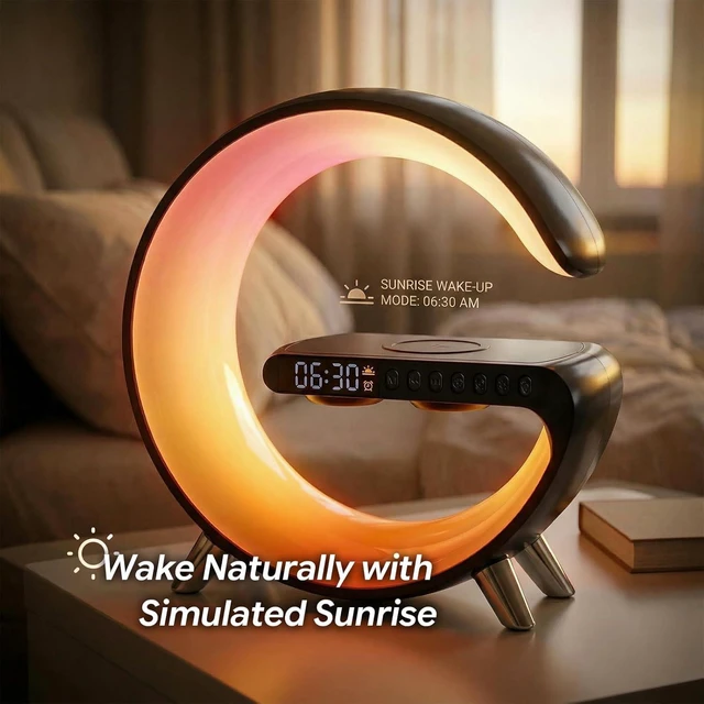 Alt view image 6 of 7 - Smart LED Table Lamp,4-in-1 Wireless Charger with Speaker,Night Light, Alarm Clock, and Bluetooth Speaker with App Control for Bedroom and Home Decor (Black, Large)