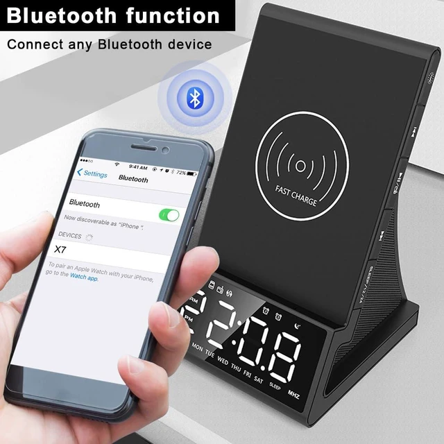 Alt view image 3 of 7 - 8-in-1 Wireless Charger, Alarm Clock, Bluetooth Speaker & FM Radio | Fast Qi Charging, Bluetooth 5.1, Dual 5W Speakers and Remote; Works with Most Nonmetal Cases up to 5mm for iPhone and Samsung