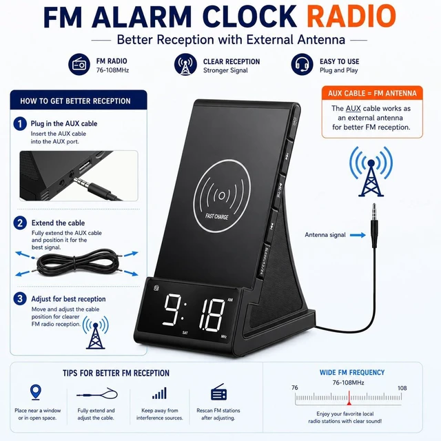 Alt view image 4 of 7 - 8-in-1 Wireless Charger, Alarm Clock, Bluetooth Speaker & FM Radio | Fast Qi Charging, Bluetooth 5.1, Dual 5W Speakers and Remote; Works with Most Nonmetal Cases up to 5mm for iPhone and Samsung