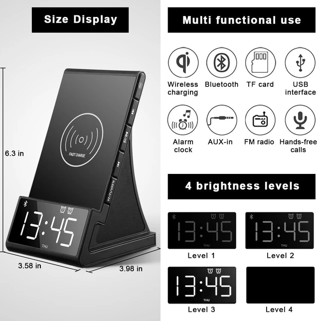 Alt view image 6 of 7 - 8-in-1 Wireless Charger, Alarm Clock, Bluetooth Speaker & FM Radio | Fast Qi Charging, Bluetooth 5.1, Dual 5W Speakers and Remote; Works with Most Nonmetal Cases up to 5mm for iPhone and Samsung