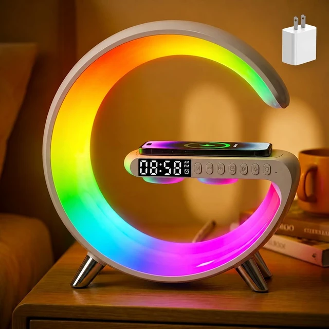 Main image of Smart LED Table Lamp,4-in-1 Wireless Charger with Speaker,Night Light, Alarm Clock, and Bluetooth Speaker with App Control for Bedroom and Home Decor (White, Large)