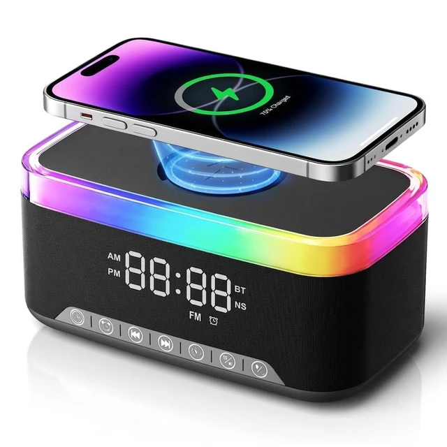 Main image of 15W Wireless Charging Alarm Clock with Sound Machine & Speaker,Black | 15W Fast Charger, 10W Bluetooth Speaker, FM Radio, 12-color Dimmable Night Light, Sleep Timer, Perfect for Bedrooms.