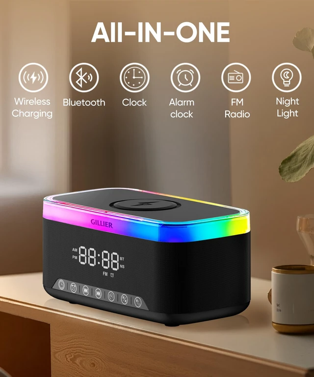 Alt view image 2 of 7 - 15W Wireless Charging Alarm Clock with Sound Machine & Speaker,Black | 15W Fast Charger, 10W Bluetooth Speaker, FM Radio, 12-color Dimmable Night Light, Sleep Timer, Perfect for Bedrooms.