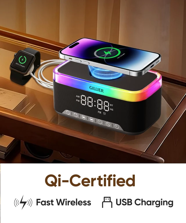 Alt view image 4 of 7 - 15W Wireless Charging Alarm Clock with Sound Machine & Speaker,Black | 15W Fast Charger, 10W Bluetooth Speaker, FM Radio, 12-color Dimmable Night Light, Sleep Timer, Perfect for Bedrooms.