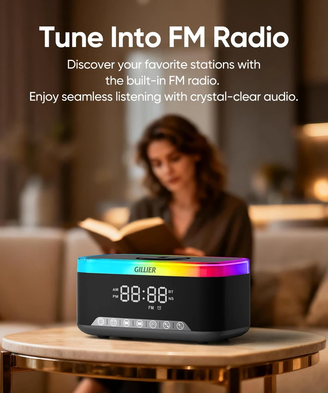 Alt view image 3 of 7 - 15W Wireless Charging Alarm Clock with Sound Machine & Speaker,Black | 15W Fast Charger, 10W Bluetooth Speaker, FM Radio, 12-color Dimmable Night Light, Sleep Timer, Perfect for Bedrooms.