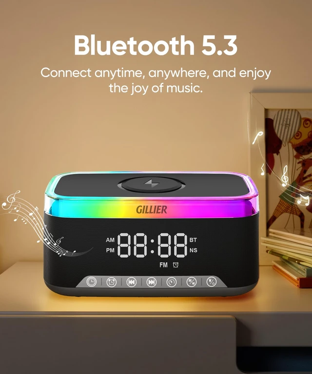 Alt view image 6 of 7 - 15W Wireless Charging Alarm Clock with Sound Machine & Speaker,Black | 15W Fast Charger, 10W Bluetooth Speaker, FM Radio, 12-color Dimmable Night Light, Sleep Timer, Perfect for Bedrooms.