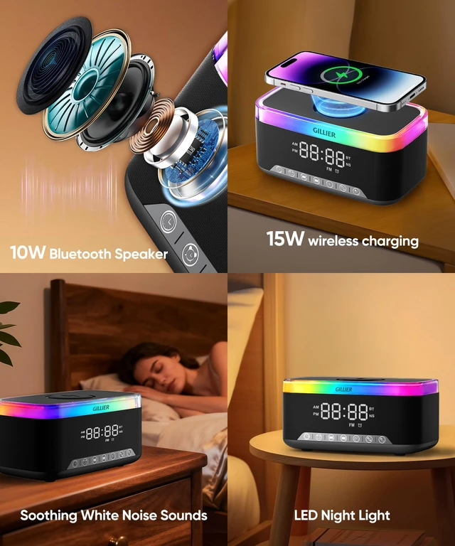 Alt view image 7 of 7 - 15W Wireless Charging Alarm Clock with Sound Machine & Speaker,Black | 15W Fast Charger, 10W Bluetooth Speaker, FM Radio, 12-color Dimmable Night Light, Sleep Timer, Perfect for Bedrooms.