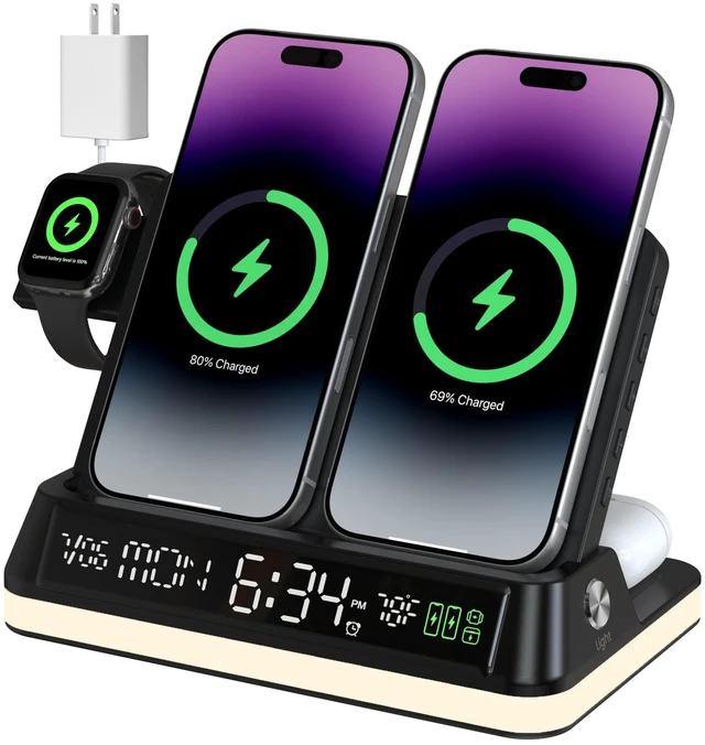 Main image of 7 in 1 Wireless Charging Station with Auto-Sync Clock Sunset Night Light | Wireless Charger Stand for iPhone 17 16 15 14 Pro Max, Nightstand Charging Station for Apple Watch for AirPods, Indoor Temp