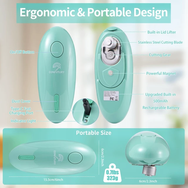 Alt view image 5 of 7 - Electric Can Opener, USB-C Rechargeable Smooth Edge for Seniors (Green) | Cordless, One-Touch Automatic, Smooth Edge Cutting, for Standard & Oval Cans, Lightweight for Travel