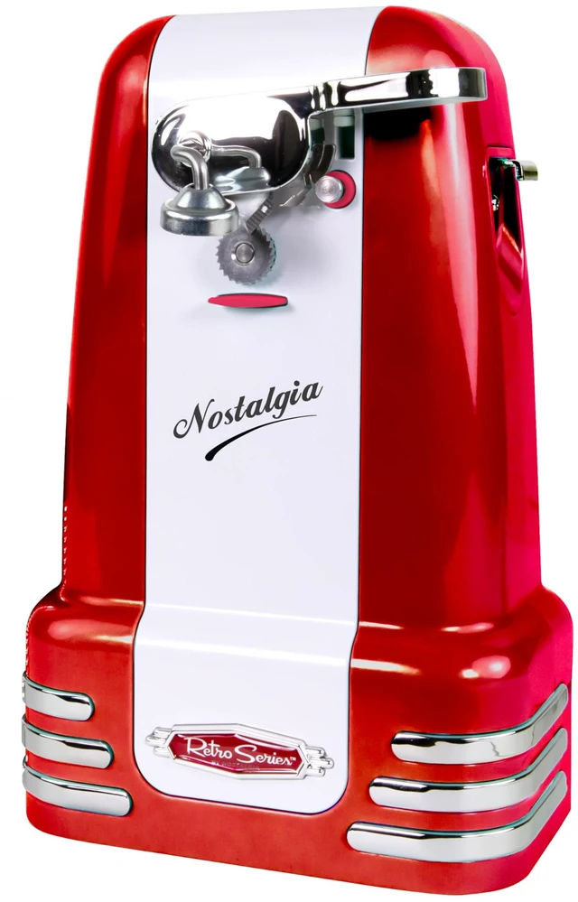 Main image of Retro Electric Can Opener for Kitchen with Magnetic Lid Remover, Knife Sharpener, and Soda or Beer Bottle Opener, Red