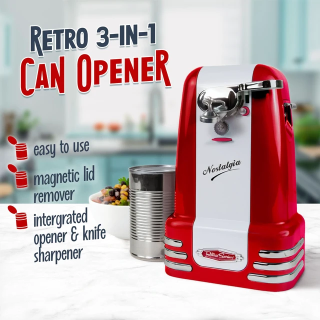 Alt view image 2 of 7 - Retro Electric Can Opener for Kitchen with Magnetic Lid Remover, Knife Sharpener, and Soda or Beer Bottle Opener, Red