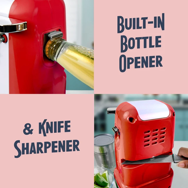 Alt view image 4 of 7 - Retro Electric Can Opener for Kitchen with Magnetic Lid Remover, Knife Sharpener, and Soda or Beer Bottle Opener, Red