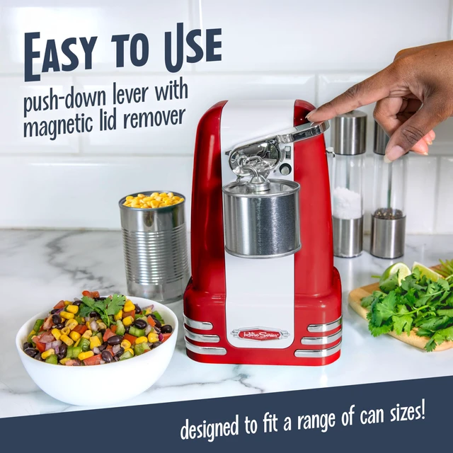 Alt view image 3 of 7 - Retro Electric Can Opener for Kitchen with Magnetic Lid Remover, Knife Sharpener, and Soda or Beer Bottle Opener, Red