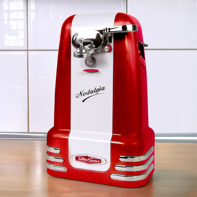 Alt view image 6 of 7 - Retro Electric Can Opener for Kitchen with Magnetic Lid Remover, Knife Sharpener, and Soda or Beer Bottle Opener, Red