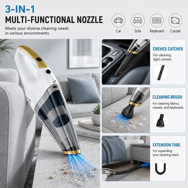 Alt view image 2 of 7 - Handheld Vacuum Cordless, Car Vacuum Portable Cordless with LED Light | Strong Suction Hand Vacuum with Washable HEPA Filter and 3 Attachments for Pet Hair, Home, Office