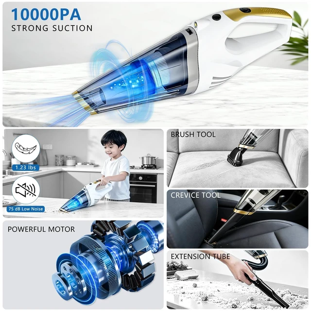 Alt view image 4 of 7 - Handheld Vacuum Cordless, Car Vacuum Portable Cordless with LED Light | Strong Suction Hand Vacuum with Washable HEPA Filter and 3 Attachments for Pet Hair, Home, Office