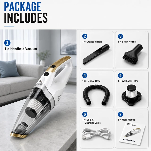 Alt view image 5 of 7 - Handheld Vacuum Cordless, Car Vacuum Portable Cordless with LED Light | Strong Suction Hand Vacuum with Washable HEPA Filter and 3 Attachments for Pet Hair, Home, Office