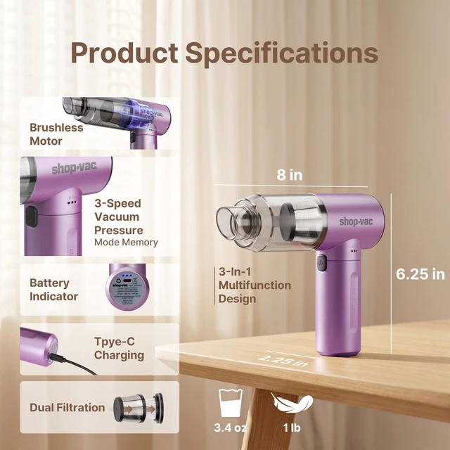 Alt view image 3 of 7 - S4 16000Pa Mini Handheld Car Vacuum Cleaner Cordless, Purple | 3-in-1 Multi-Function, Brushless Motor, Multiple Nozzles, Rechargeable, for Car, Office, and Home Detail Cleaning