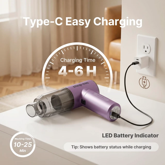 Alt view image 5 of 7 - S4 16000Pa Mini Handheld Car Vacuum Cleaner Cordless, Purple | 3-in-1 Multi-Function, Brushless Motor, Multiple Nozzles, Rechargeable, for Car, Office, and Home Detail Cleaning
