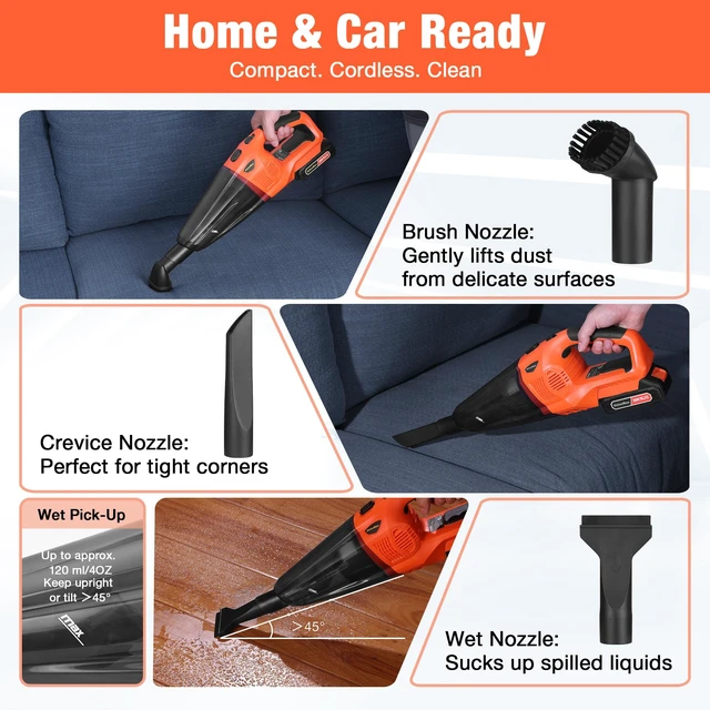 Alt view image 3 of 7 - Cordless Handheld Vacuum with 20V Rechargeable Battery | Portable, Large Dustbin, Powerful Battery, Separate Charge, Dry/Wet Suction, Multi-Nozzles, Car, Home, Pet Hair Cleaning