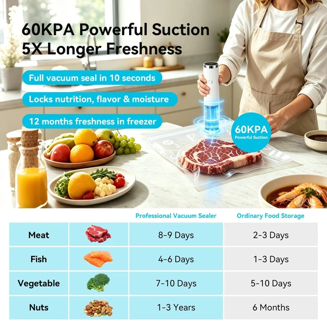 Alt view image 4 of 7 - Compact Handheld Vacuum Sealer for Food with 30 Reusable Bags | Powerful 60 kPa suction, Keeps food fresh up to 6X longer, Cordless handheld design, Ideal for meal prep and food storage