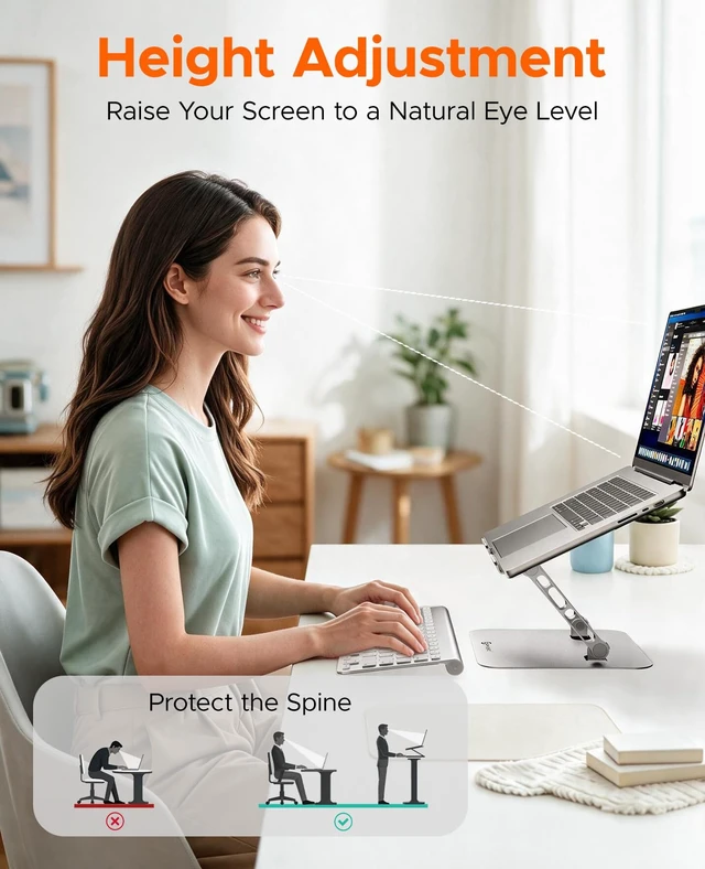 Alt view image 2 of 7 - Adjustable Laptop Stand, Ergonomic Foldable Aluminum Stand, WS1 | Ergonomic Laptop Riser, 11 lb Load, Laptop Holder for Desk, Ergonomic Stand for Home Office, Non-Slip, Fits 10-17" , Silver