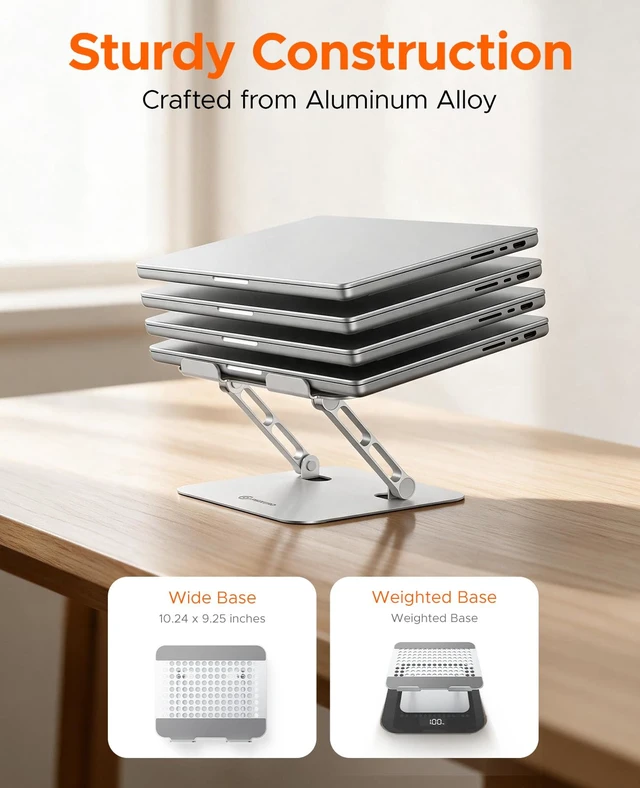 Alt view image 3 of 7 - Adjustable Laptop Stand, Ergonomic Foldable Aluminum Stand, WS1 | Ergonomic Laptop Riser, 11 lb Load, Laptop Holder for Desk, Ergonomic Stand for Home Office, Non-Slip, Fits 10-17" , Silver