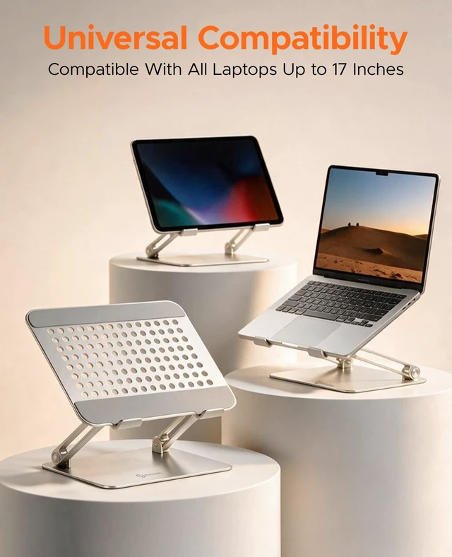 Alt view image 5 of 7 - Adjustable Laptop Stand, Ergonomic Foldable Aluminum Stand, WS1 | Ergonomic Laptop Riser, 11 lb Load, Laptop Holder for Desk, Ergonomic Stand for Home Office, Non-Slip, Fits 10-17" , Silver