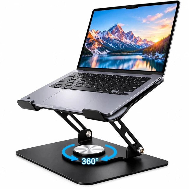 Main image of Adjustable Laptop Stand for Desk, Foldable Aluminum Laptop Riser with 360° Rotating Base, Ergonomic Height-Adjustable Computer Holder, Ventilated Design for MacBook, Dell, HP, Lenovo