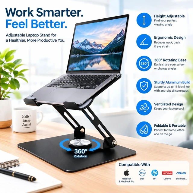 Alt view image 2 of 7 - Adjustable Laptop Stand for Desk, Foldable Aluminum Laptop Riser with 360° Rotating Base, Ergonomic Height-Adjustable Computer Holder, Ventilated Design for MacBook, Dell, HP, Lenovo