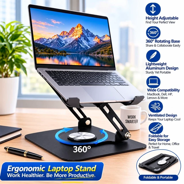 Alt view image 3 of 7 - Adjustable Laptop Stand for Desk, Foldable Aluminum Laptop Riser with 360° Rotating Base, Ergonomic Height-Adjustable Computer Holder, Ventilated Design for MacBook, Dell, HP, Lenovo