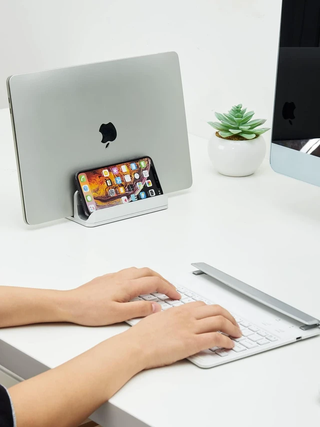 Alt view image 6 of 7 - 2-in-1 Vertical Laptop Stand, Adjustable Aluminum Desk Dock, Silver | Adjustable Laptop Holder for Desk, Space-Saving Organizer Compatible with All MacBook, Samsung, HP, Dell, Chromebook