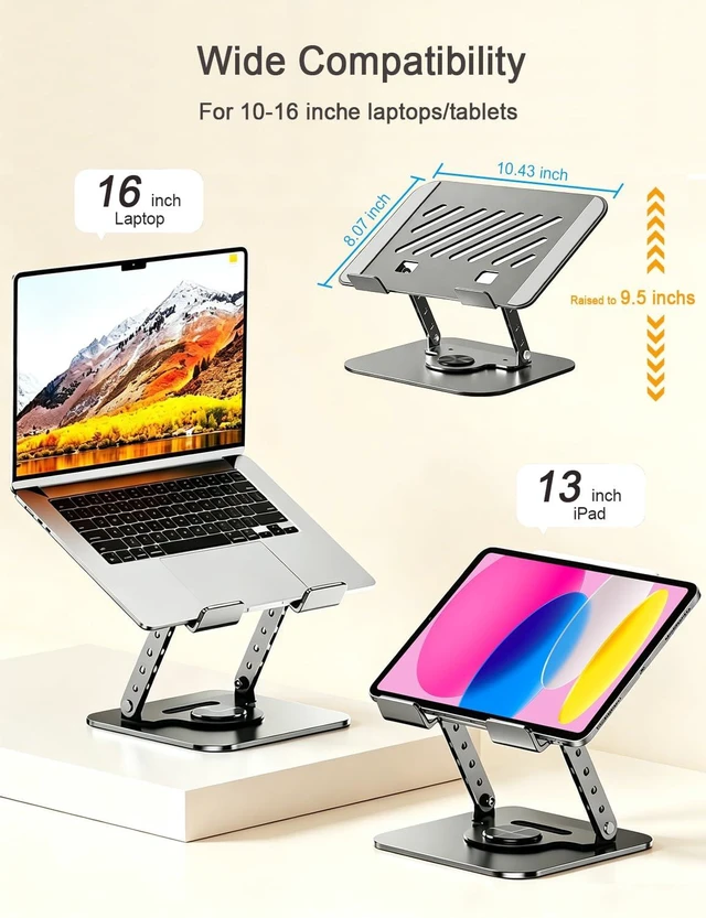 Alt view image 3 of 7 - Adjustable Laptop Stand, Computer Stand with 360 Rotating Base,Ergonomic Laptop Riser Mount for Desk Foldable Protable Computer Desk Fits with MacBook Air Pro or 10.5-15.6 inch-Screen Laptops/Tablets