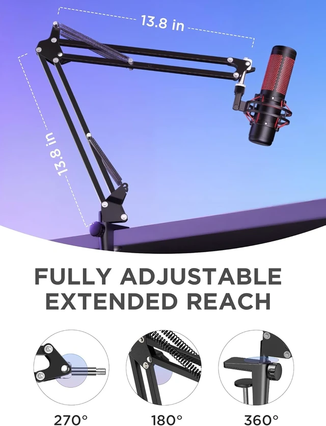 Alt view image 7 of 7 - Boom Arm Microphone Mic Stand for Blue Yeti Fifine HyperX, Desk Mount, Desktop Stands, Adjustable Reach, Rotate Fully, Folds Away Compactly, for Gaming, Streaming or Recording
