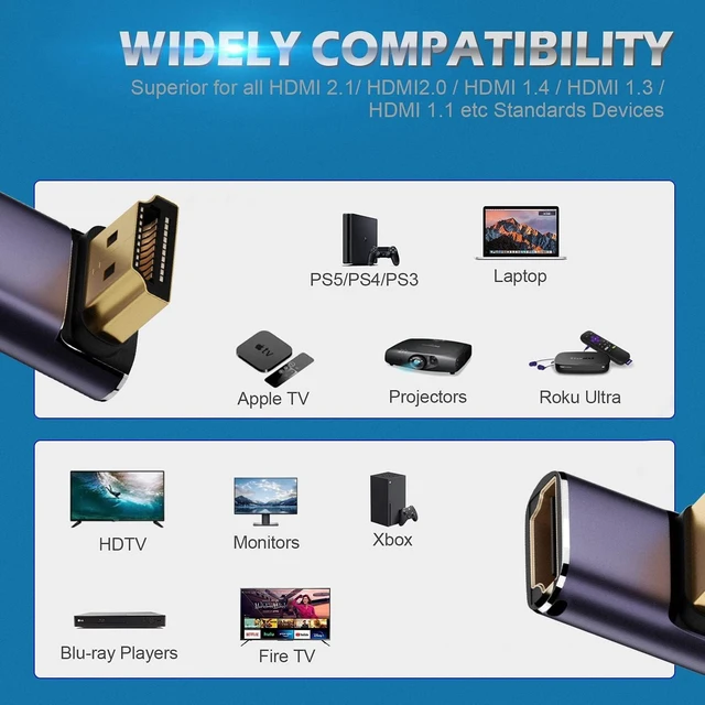 Alt view image 3 of 6 - 8K 90 Degree Right Angle HDMI 2.1 Adapter (2 Pack), Up&Down Angle 270 Degree HDMI Male to Female Extender Connector Aluminum Alloy