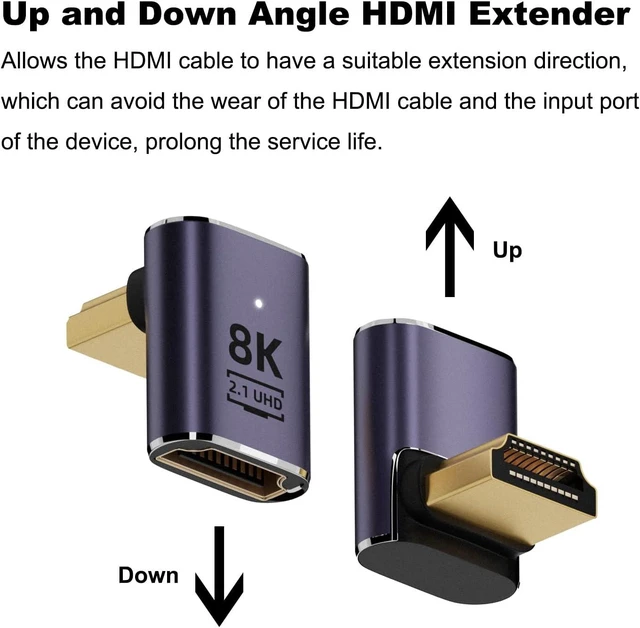 Alt view image 2 of 6 - 8K 90 Degree Right Angle HDMI 2.1 Adapter (2 Pack), Up&Down Angle 270 Degree HDMI Male to Female Extender Connector Aluminum Alloy