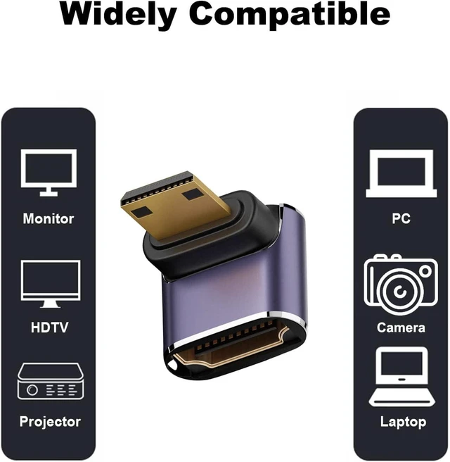 Alt view image 3 of 6 - 8K 90 Degree Mini HDMI to HDMI Adapter (2 Pack), Up&Down Angle, Right Angle Male to Female Converter Connector for Raspberry Pi Zero, Camera, Camcorder, Monitor