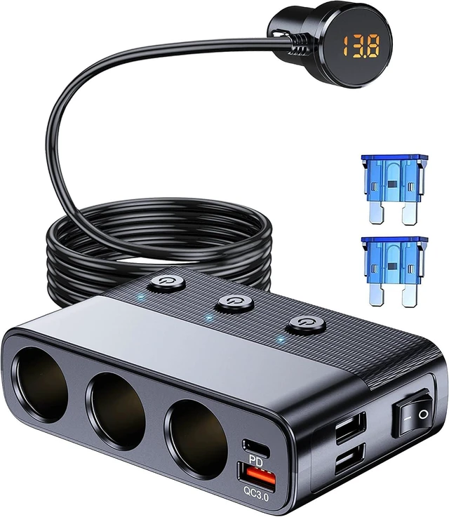 Main image of 7-1 Cigarette Lighter Splitter, 3-Socket Adapter with PD 30W Type-C, 12V/24V Car Charger, QC3.0 & Dual USB Ports, Independent Switches, Voltage Display, 3.3FT Extension Cord for Truck RV SUV