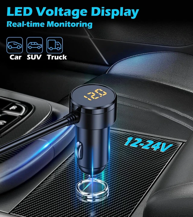 Alt view image 2 of 7 - 7-1 Cigarette Lighter Splitter, 3-Socket Adapter with PD 30W Type-C, 12V/24V Car Charger, QC3.0 & Dual USB Ports, Independent Switches, Voltage Display, 3.3FT Extension Cord for Truck RV SUV