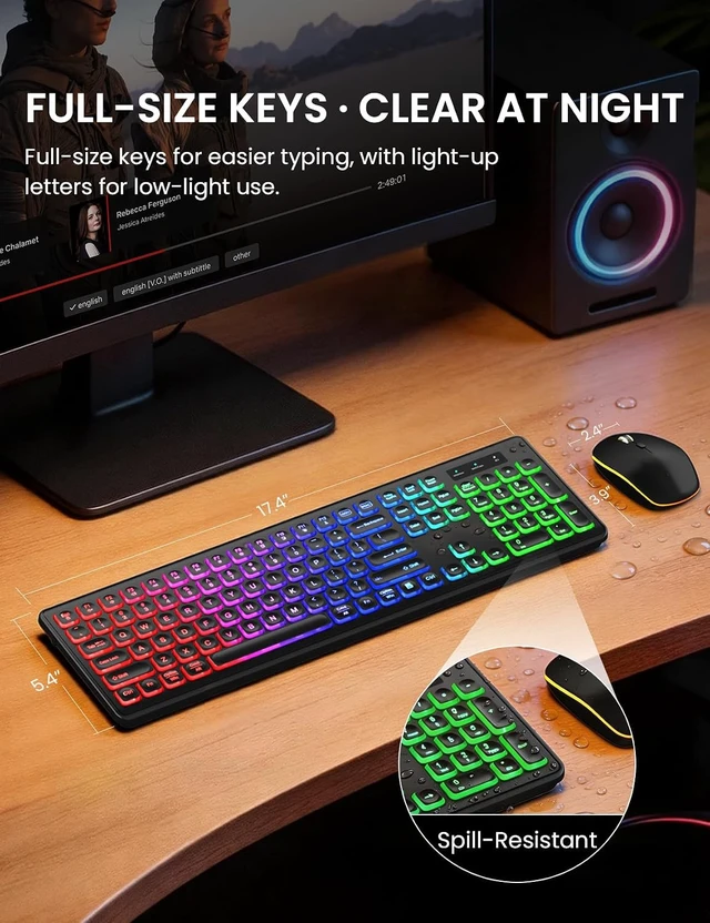 Alt view image 5 of 7 - Wireless Keyboard and Mouse Combo with RGB Backlit, Rechargeable, Light Up Letters, Full-Size, Soft Typing, Sleep Mode, 2.4GHz Quiet Keyboard Set for Mac, Windows, Laptop, PC