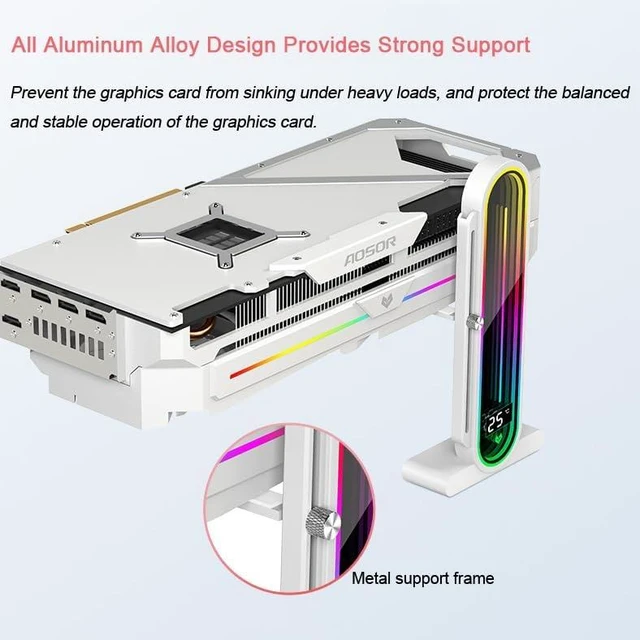 Alt view image 2 of 7 - Graphics Card GPU Support Bracket, Height Adjustable RGB GPU Stand with Temperature Display, 5V 3PIN Video Card Support Holder, Anti Sag Bracket & Magnetic Base for PC Graphics Cards - White