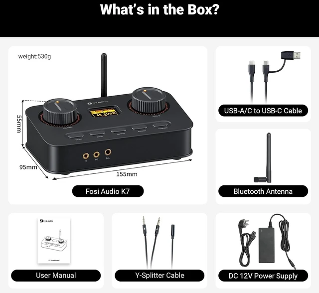 Alt view image 6 of 7 - Fosi Audio K7 DAC Headphone Amp, Desktop Headphone Amplifier for Gaming PC PS5 Switch, PCM 384kHz/32bit, 2100mW, USB C/Bluetooth aptX HD LL/Optical/Coaxial/Mic Input, 4.4mm Balanced/3.5mm/RCA Output