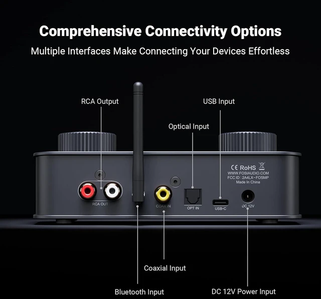 Alt view image 4 of 7 - Fosi Audio K7 DAC Headphone Amp, Desktop Headphone Amplifier for Gaming PC PS5 Switch, PCM 384kHz/32bit, 2100mW, USB C/Bluetooth aptX HD LL/Optical/Coaxial/Mic Input, 4.4mm Balanced/3.5mm/RCA Output
