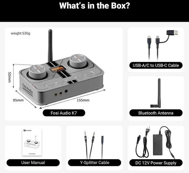 Alt view image 6 of 7 - Fosi Audio K7 DAC Headphone Amp, Desktop Headphone Amplifier for Gaming PC PS5 Switch, PCM 384kHz/32bit, 2100mW, USB C/Bluetooth aptX HD LL/Optical/Coaxial/Mic Input, 4.4mm Balanced/3.5mm/RCA Output