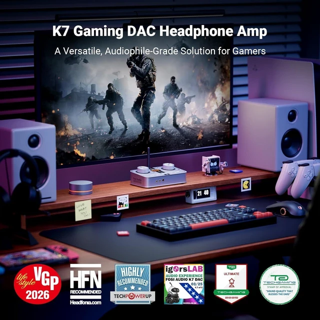 Alt view image 2 of 7 - Fosi Audio K7 DAC Headphone Amp, Desktop Headphone Amplifier for Gaming PC PS5 Switch, PCM 384kHz/32bit, 2100mW, USB C/Bluetooth aptX HD LL/Optical/Coaxial/Mic Input, 4.4mm Balanced/3.5mm/RCA Output