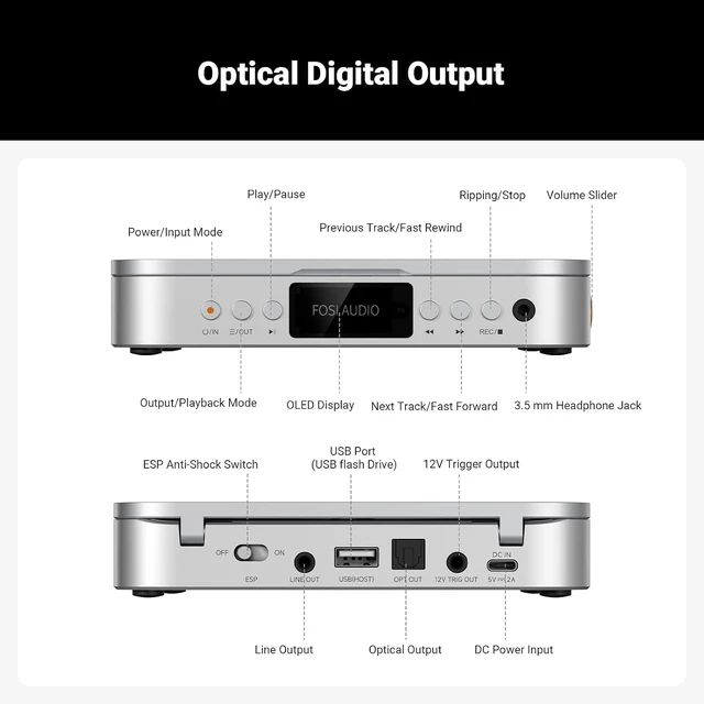 Alt view image 7 of 7 - Fosi Audio Merak CD Player Portable Home Audio Desktop HiFi Without Speaker, CD Ripping, Remote Control, OLED Display, USB-A, 3.5mm Headphone Jack, LINE, OPT, 12V Trigger, DC 5V / 2A
