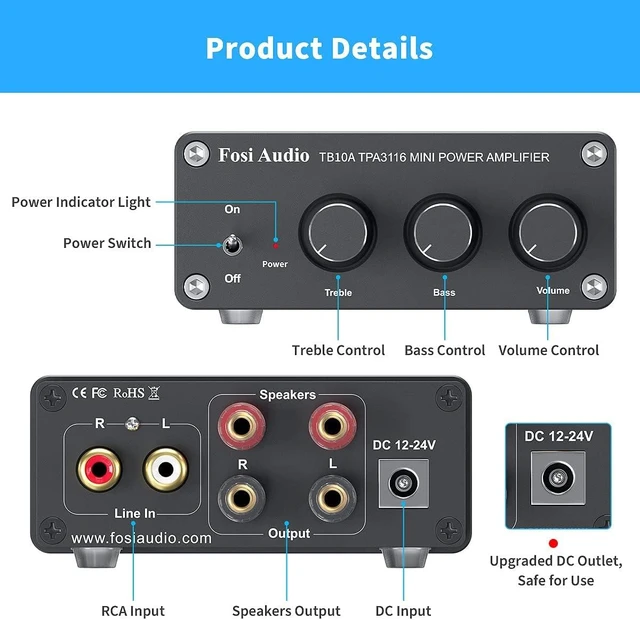 Alt view image 3 of 6 - Fosi Audio TB10A 2 Channel Stereo Audio Amplifier Receiver Mini Hi-Fi Class D Integrated Amp 2.0CH for Home Speakers 100W x 2 with Bass and Treble Control TPA3116(with Power Supply)