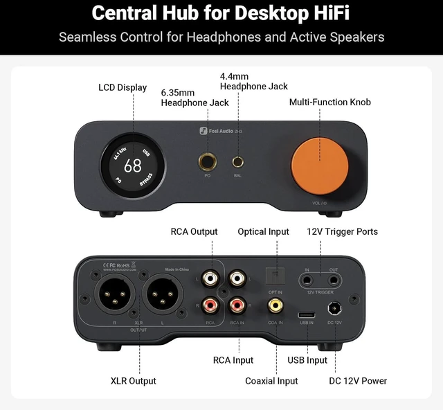 Alt view image 2 of 7 - Fosi Audio ZH3 DAC Headphone Amp, Fully Balanced Preamp with AKM4493SEQ XMOS XU316 PCM 768kHz for Amplifiers, USB/Optical/COAX/RCA/12V Trigger Input, XLR/RCA/4.4mm/6.35mm Output with Remote