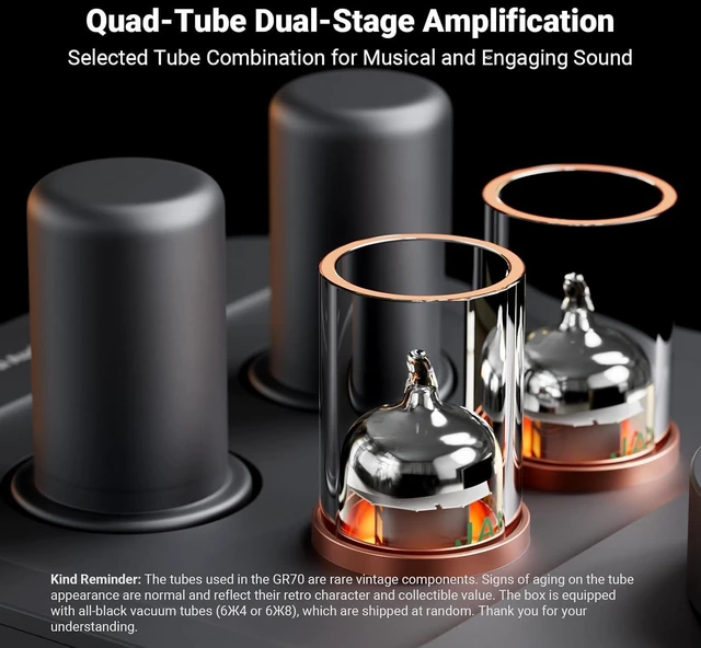 Alt view image 6 of 7 - Fosi Audio GR70 Tube Headphone Amp Preamp, Authentic Tube-Amplification with Vacuum 5654W*2 & 6AC7*2, Mini HiFi Preamplifier for Home Audio, 3.5mm & 6.35mm Jacks Supporting 16-300 ohms Impedance